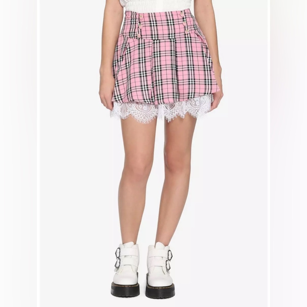 Hot Topic Strawberry Button Pink Plaid and Lace Pleated Mini Skirt - Size Small